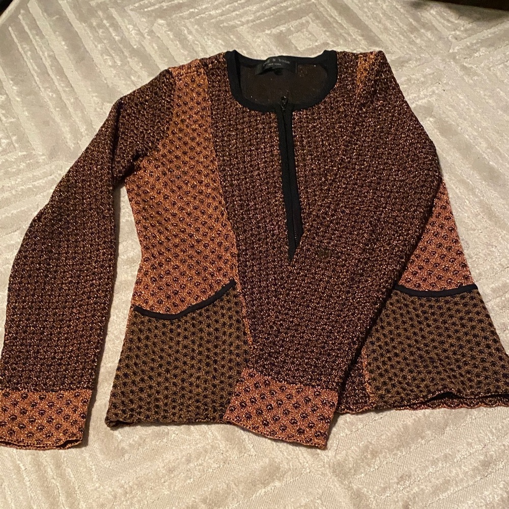 NWOT Rag and Bone Copper and Black Textured Long Sleeve zip up sweater